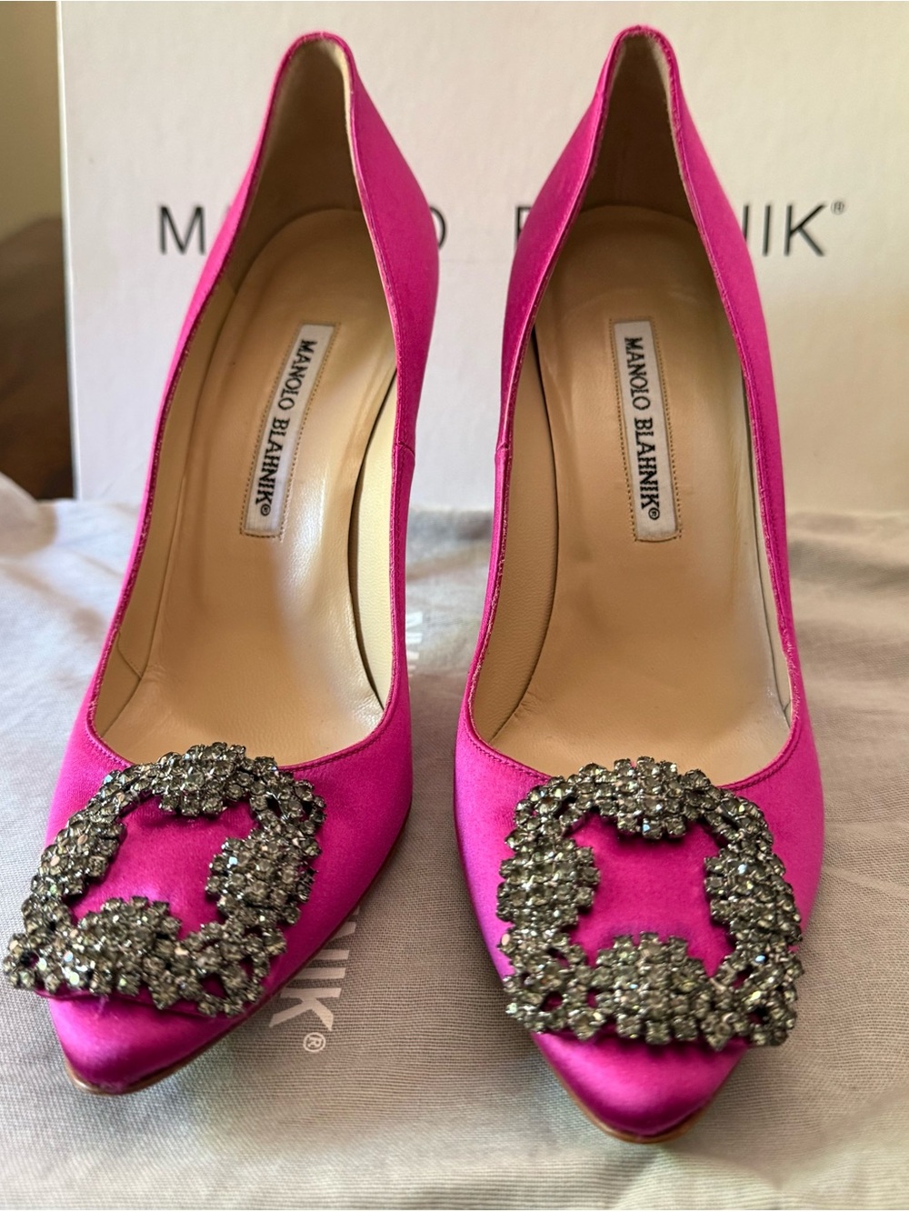 Manolo Blahnik Hot Pink Satin Crystal-Embellished Pointed Pumps